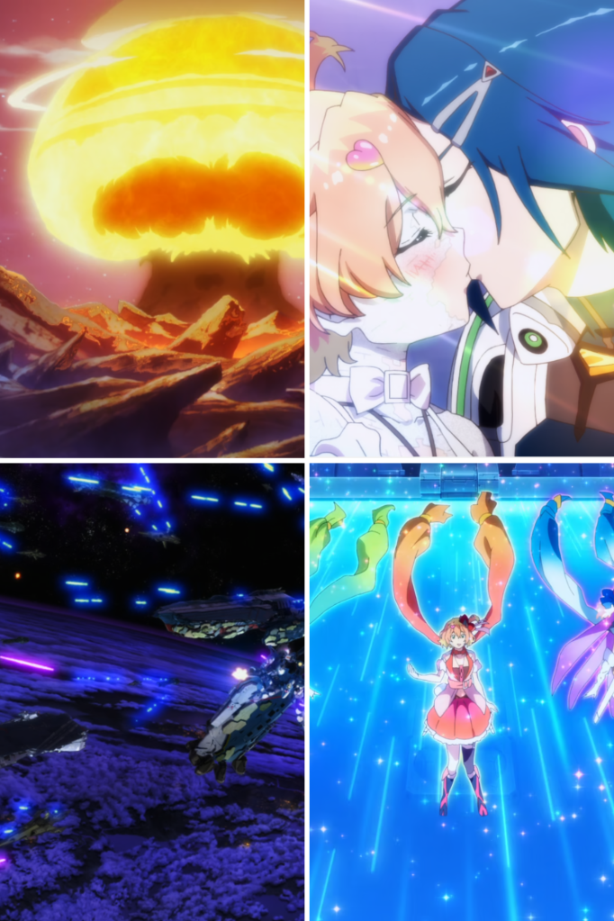 A collage featuring key elements of the Macross Delta 2 movie, including scenes of mecha action, romantic moments, musical performances, and war settings
